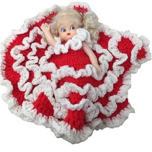 Cute Topper Doll in Hand Crocheted Red Dress White Ruffles Blonde w Cherub Face